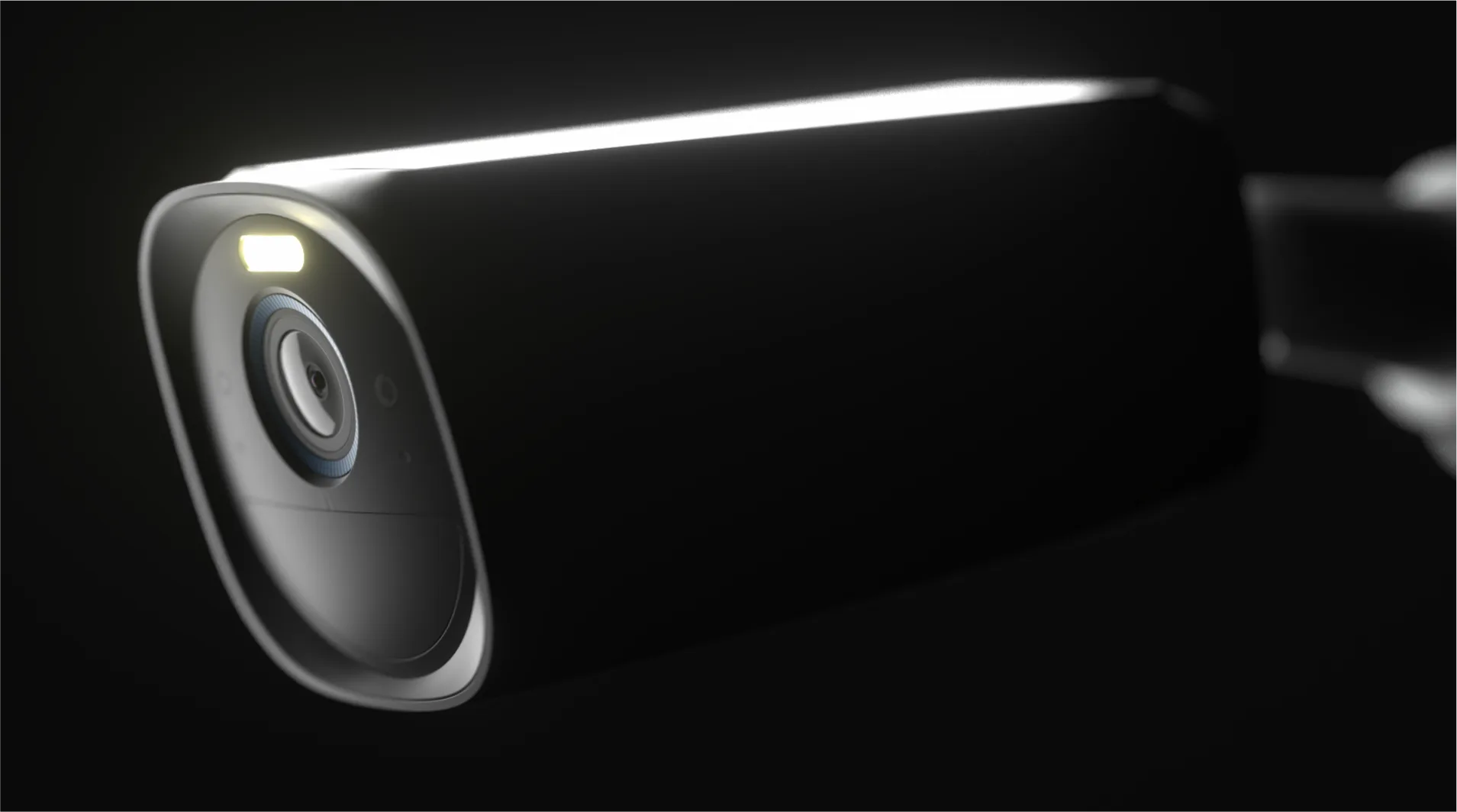 eufy-Überwachungskamera in Nahaufnahme, schwarz auf schwarz mit Lichtkante