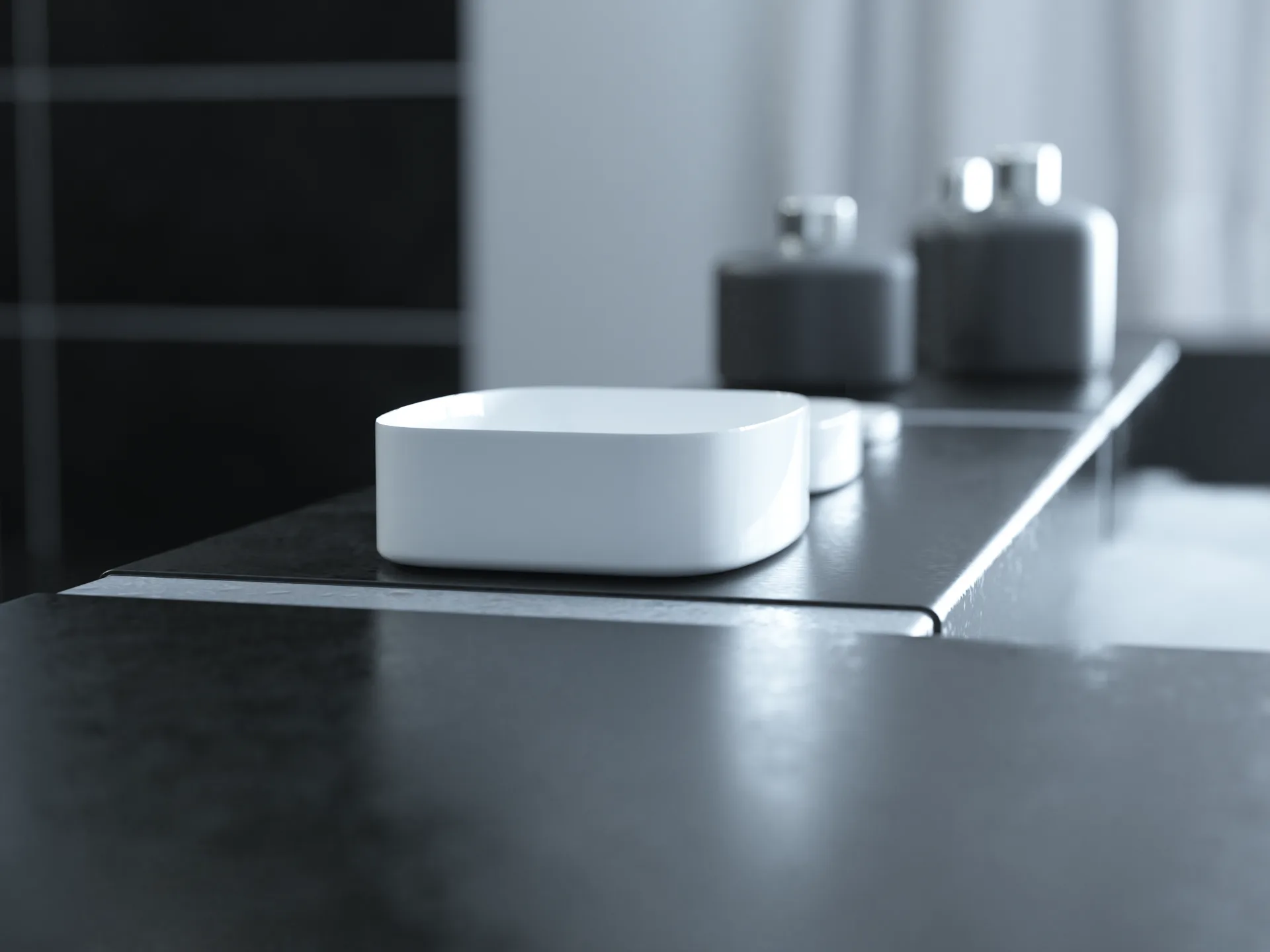 Graustufen-Rendering eines minimalistischen Badezimmers aus einer Interior-Studie