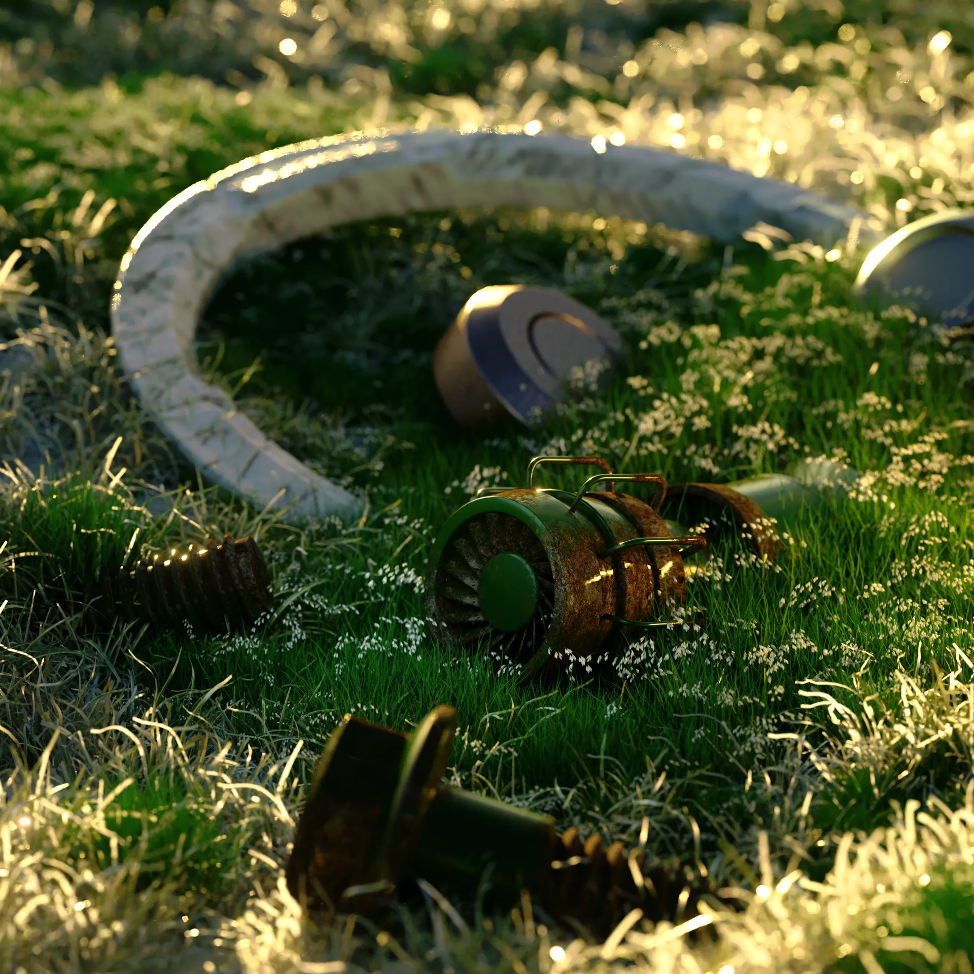Betonring und Metallobjekte im sonnenbeschienenen Gras aus einer Interior-Studie