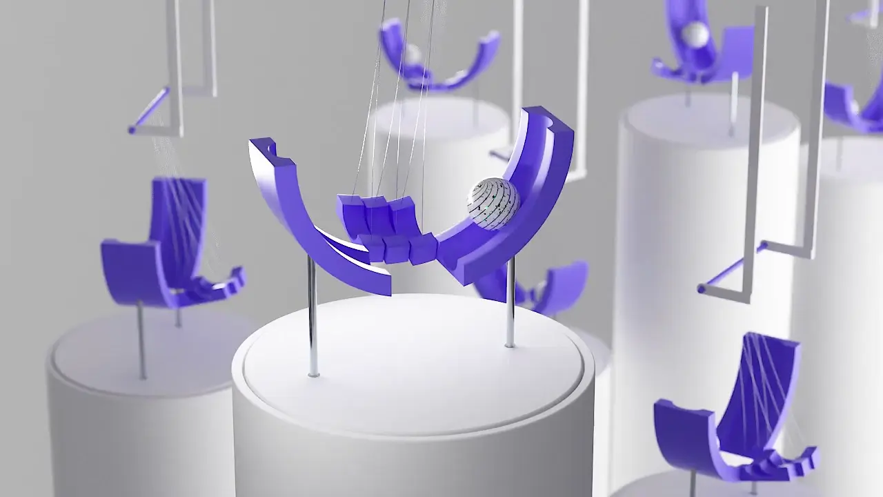 Standbild aus einer 3D-Partikelsimulation mit farbigen Lichtspuren