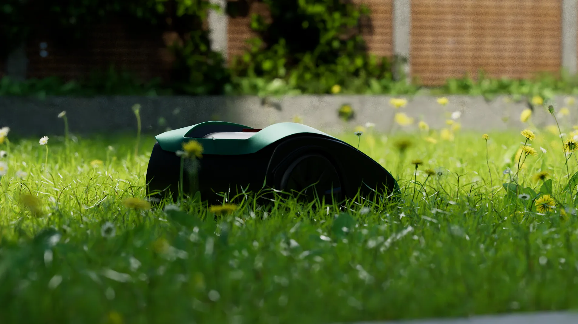 Mähroboter im Gras zwischen Löwenzahn