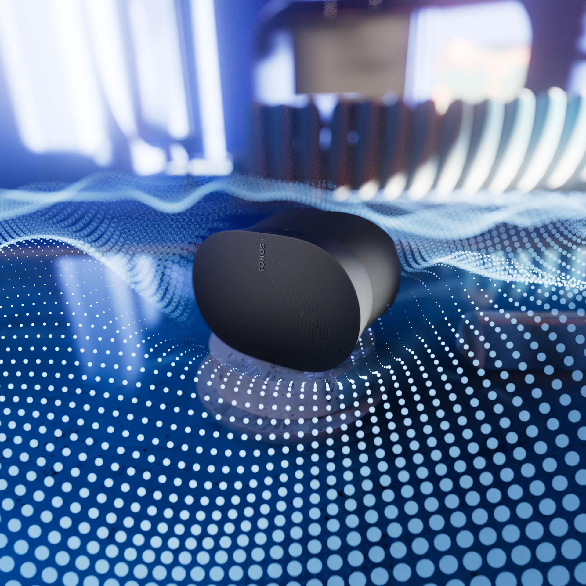 Sonos-Era-Lautsprecher auf einer blauen Fläche aus gepunkteten Wellen